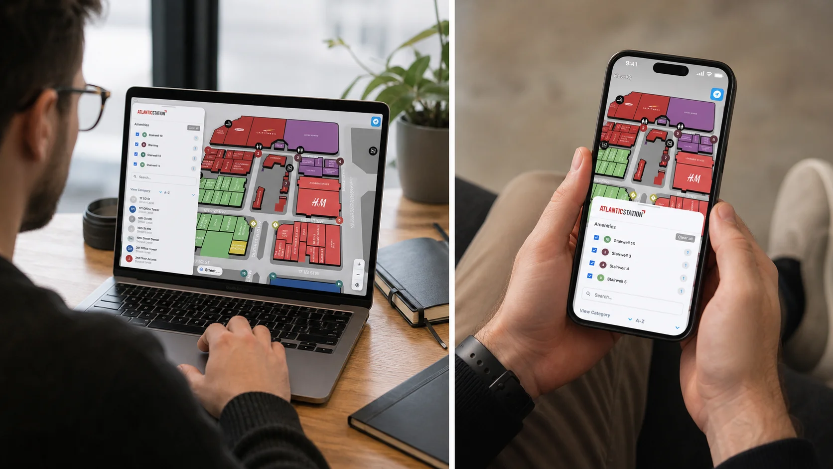 RoveiQ wayfinding web app on a MacBook alongside the mobile app on a phone